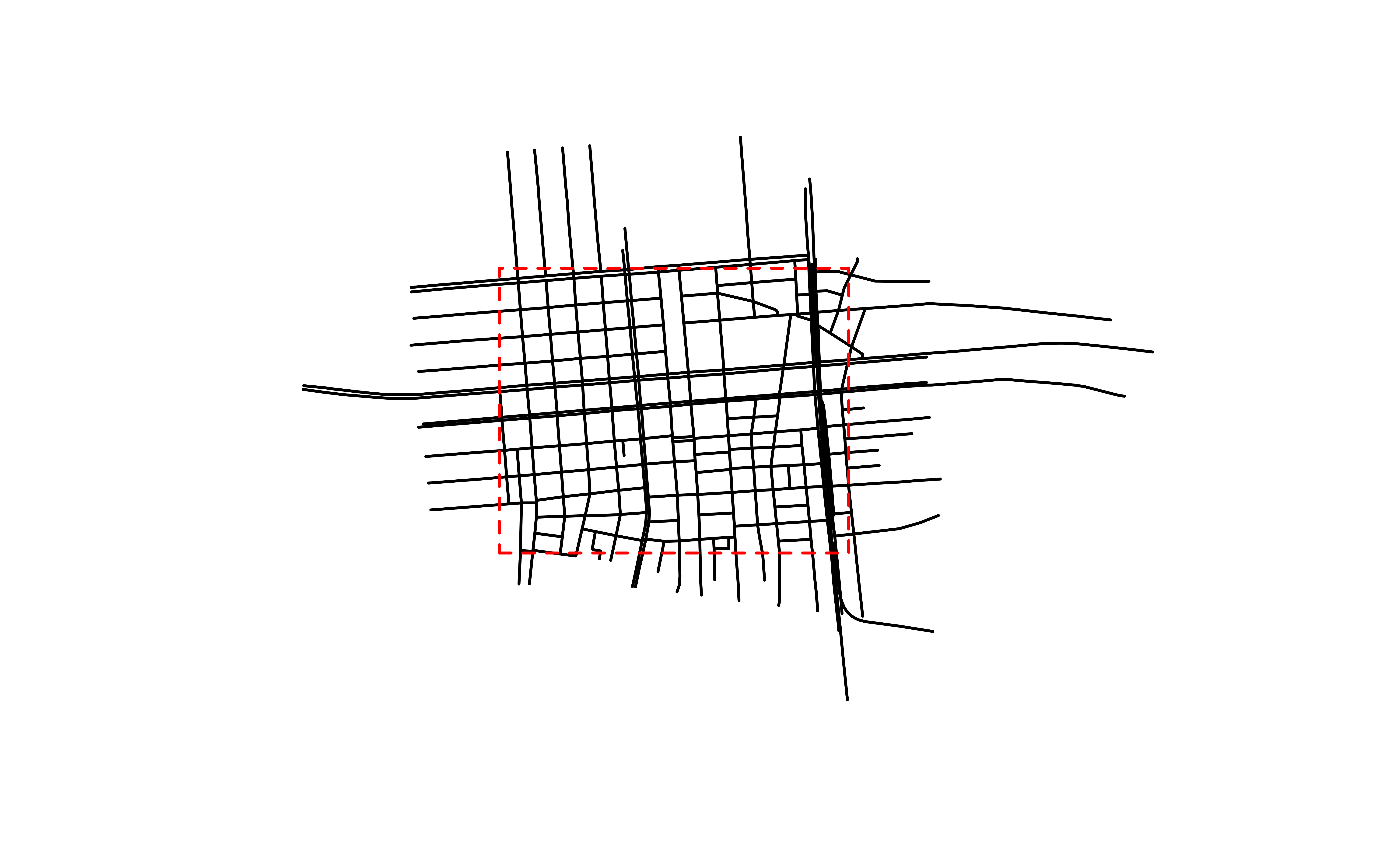 A map of roads in the Sakae area. The roads extend beyond the red rectagular boundary, indicating they are not cropped.