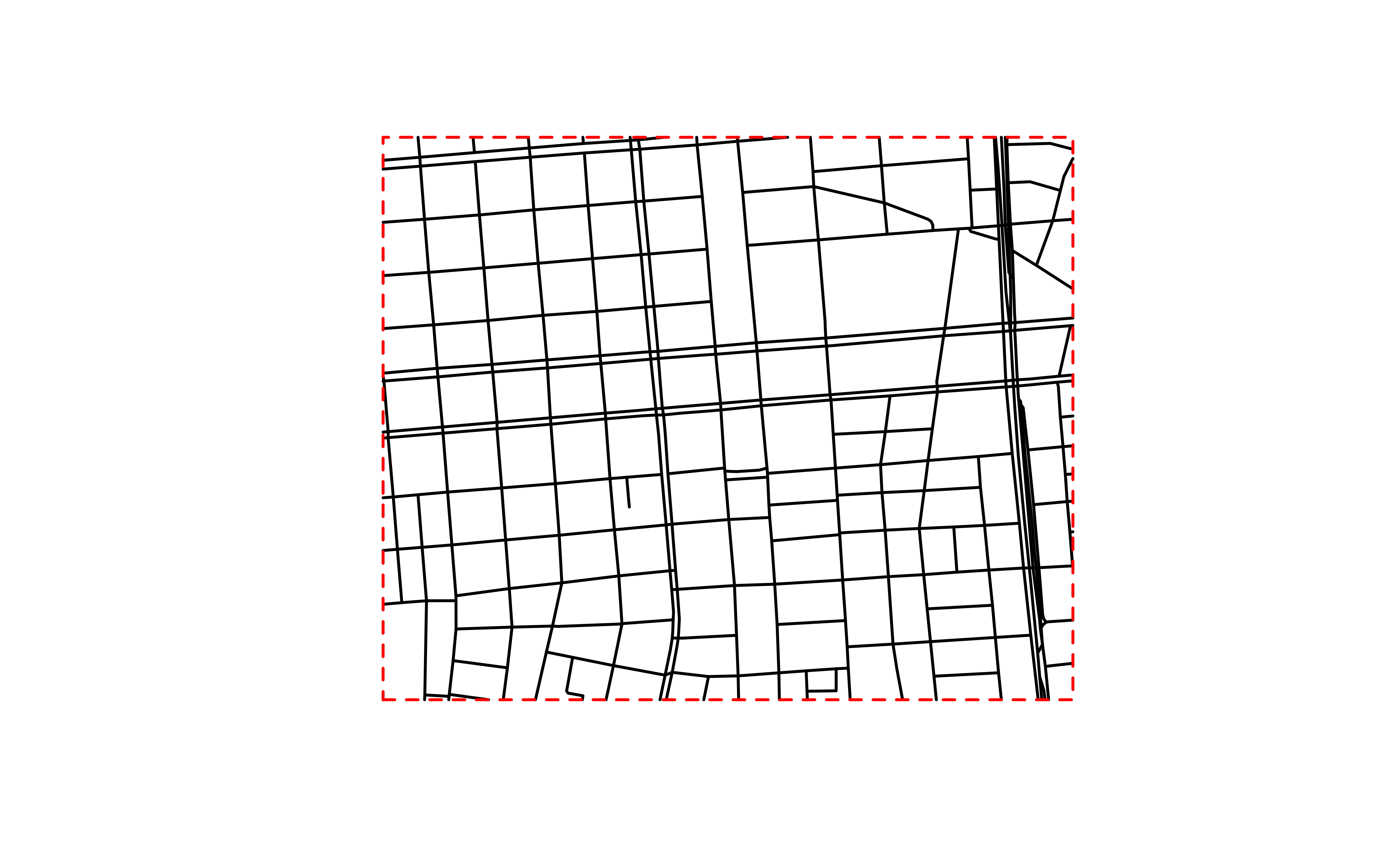 A map of roads in the Sakae area. The roads are neatly trimmed to fit perfectly within the red rectangular boundary.