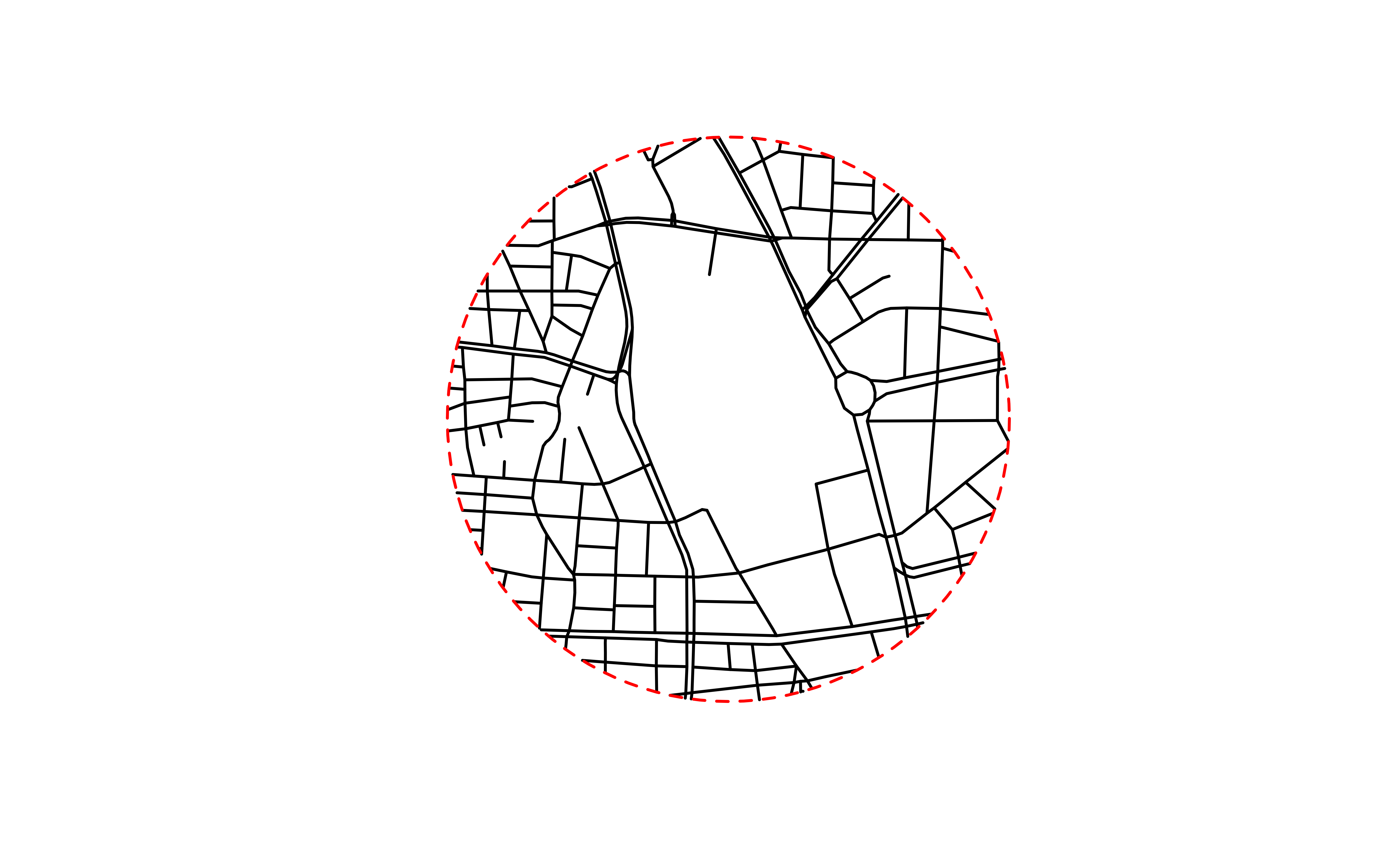 A map of around Nagoya Station cropped into a perfect circle, outlined by a red-dashed line.